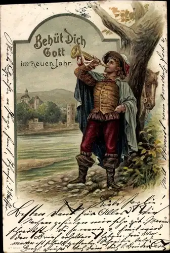 Präge Litho Glückwunsch Neujahr, Trompeter von Säckingen