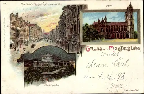 Litho Magdeburg, Dom, Stadttheater, Breute Weg mit Katharinenkirche