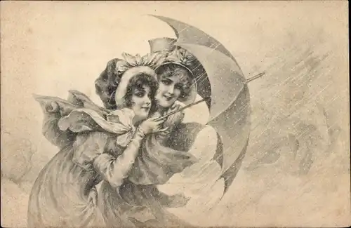 Ak Zwei junge Frauen mit Regenschirm, Munk