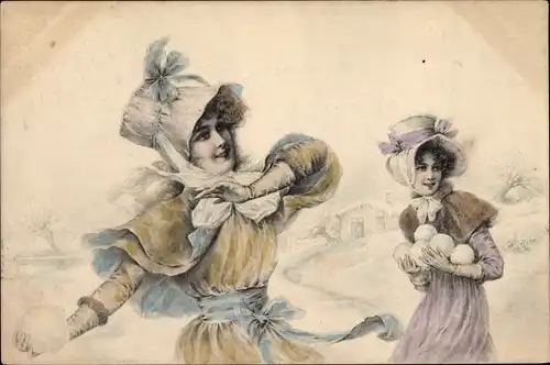 Ak Zwei junge Frauen, Schneebälle, Munk