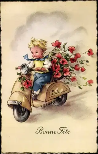 Ak Glückwunsch, Bonne Fete, Kind, Motorrad, Blumen