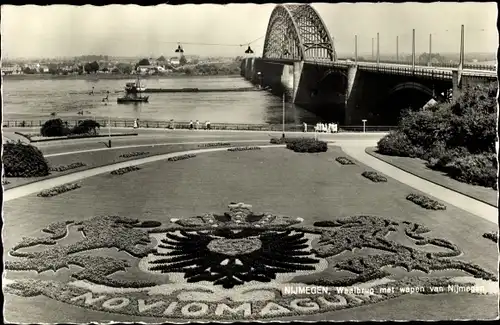 Ak Nijmegen Gelderland, Waalbrug met wapen van Nijmegen, Noviomagum