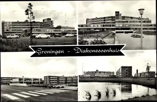 Ak Groningen Niederlande, Diakonessenhuis, Teich, Parkplatz, Zebrastreifen