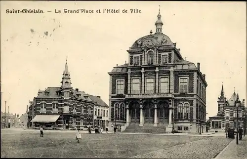 Ak Saint Obislain Hennegau Wallonien, La Grand Place et l'Hôtel de Ville