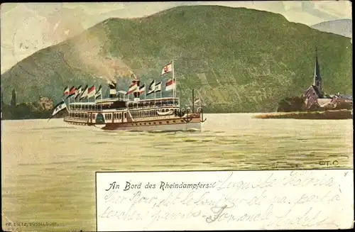 Künstler Litho Rheindampfer auf dem Fluss, Salondampfer