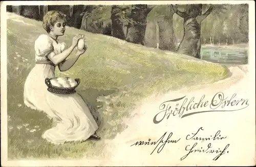 Litho Glückwunsch Ostern, Junge Frau mit Ostereiern