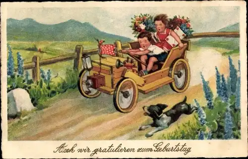 Ak Glückwunsch Geburtstag, Kinder im Holz-Automobil, Hund, Blumen, Geschenke