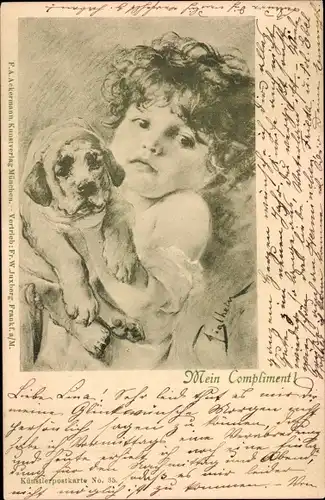 Künstler Litho Mädchen mit Hund, Portrait, Mein Compliment