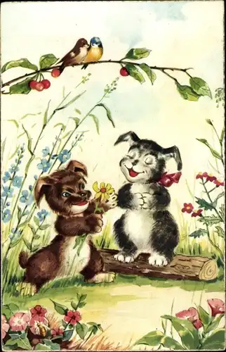 Ak Singende Tiere, Wiese, Blumen, Vögel, Kirschen