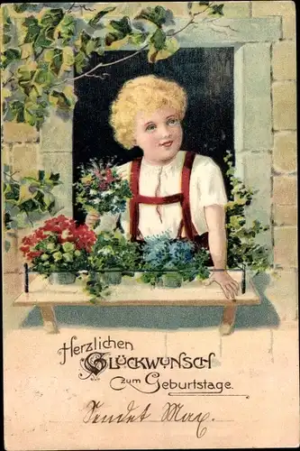 Präge Litho Glückwunsch Geburtstag, Junge Frau am Fenster, Blumen