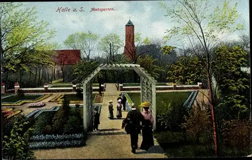 Ak Halle an der Saale, Amtsgarten, Blumen, Passanten