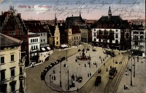 Ak Halle an der Saale, Marktplatz, Straßenbahn, Denkmal