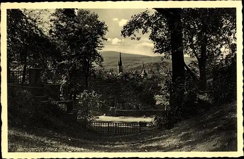 Ak Wernigerode am Harz, Panorama mit Brocken, Kirche