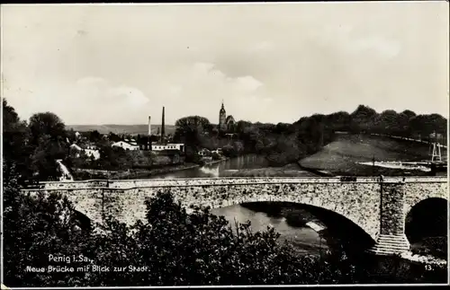 Ak Penig in Sachsen, Neue Brücke mit Blick zur Stadt, Kirchturm