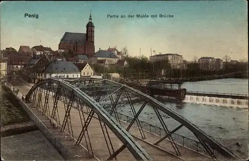 Ak Penig in Sachsen, Partie an der Mulde mit Brücke, Kirche