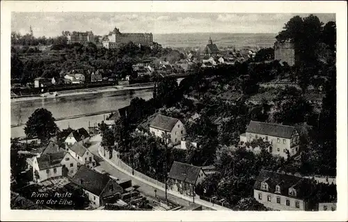 Ak Posta Pirna in Sachsen, Panorama, Elbe, Kirchturm