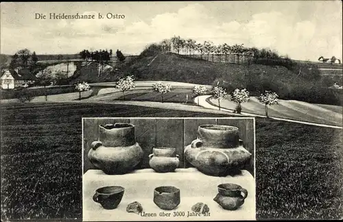 Ak Ostro Panschwitz Kuckau Oberlausitz, Heidenschanze, Urnen über 3000 Jahre alt