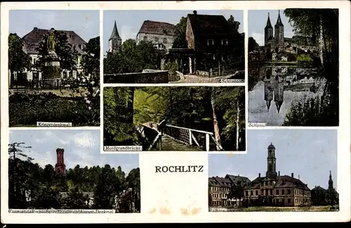 Ak Rochlitz an der Mulde, Kriegerdenkmal, Schloss, Rathaus, Mordgrundbrücke, Rochlitzer Berg, Turm