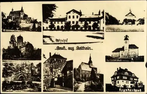 Foto Ak Geithain in Sachsen, Bahnhof, Krankenhaus, Marktplatz mit Amtsgericht, Altes Stadttor