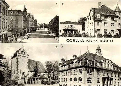 Ak Coswig in Sachsen, Bahnhofstraße, Stadtcafe, Lichtspiele, Kirche von 1497, Kreisheim