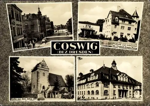 Ak Coswig in Sachsen, Bahnhofstraße, Stadtcafe, Lichtspielhaus, Friedrich-Engels-Platz, Kirche 1497