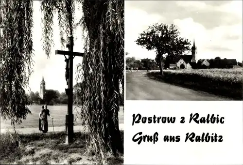 Ak Ralbitz Rosenthal Oberlausitz, Kath. Sorbin vor dem Kreuz, Panorama mit Kirche