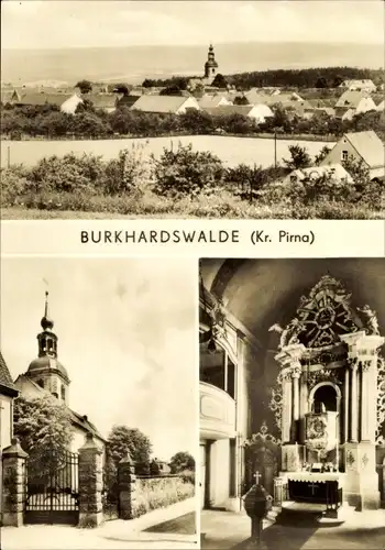 Ak Burkhardswalde Müglitztal Sachsen, Panorama, Kirche von außen, Kirche innen, Taufbecken