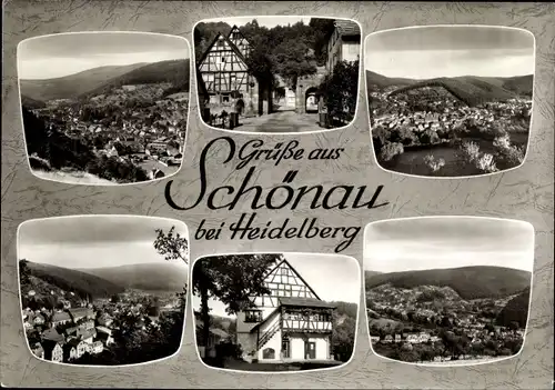Ak Schönau im Odenwald, Ortsansicht, Straßenansicht, Fachwerkhaus, Panorama