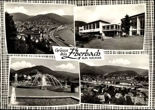 Ak Eberbach am Neckar Odenwald Baden, Ortsansicht, Springbrunnen, Gebäude, Panorama