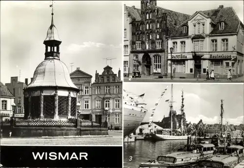Ak Hansestadt Wismar, Alte Wasserkunst, Alter Schwede und Reuterhaus, Hafen