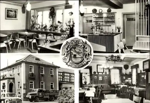 Ak Plothen in Thüringen, Gasthaus zum Plothenteich Hans Semmler, Außen- und Innenansichten, Wappen