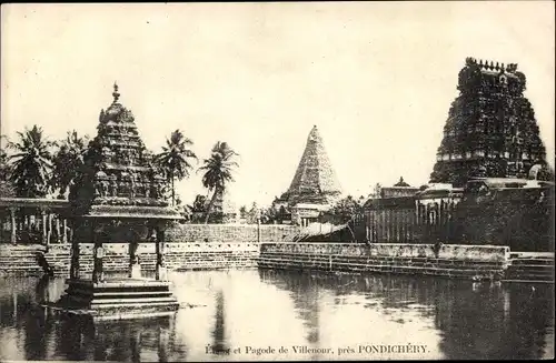 Ak Pondichery Ponducherry Indien, Etang et Pagode de Villenour
