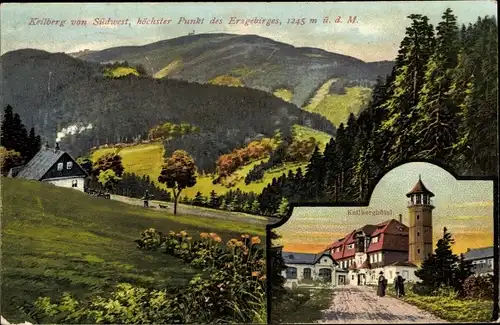 Ak Klínovec Keilberg Erzgebirge Reg. Karlsbad, Panorama von Südwesten, Keilberghotel, Straßenansicht