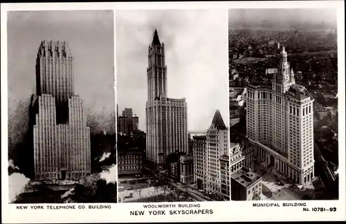 Ak New York City USA, Municipal Building, Woolworth Building, New York Telephone Co. Building