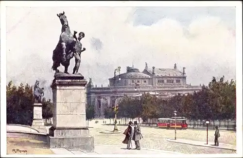 Künstler Ak Preuss, R., Wien, Blick zum Burgtheater, Straße, Statue