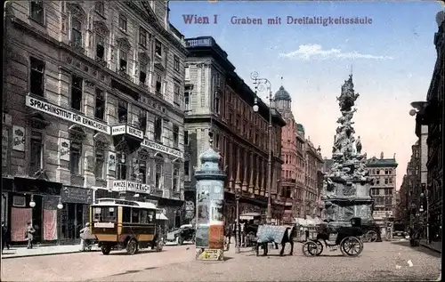 Ak Wien 1 Innere Stadt, Graben mit Dreifaltigkeitssäule, Sprachinstitut f. Erwachsene, Litfaßsäule