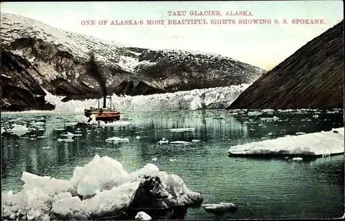 Ak Alaska USA, Taku Glacier, One of Alaskas most beautiful Sight's showing S. S. Spokane