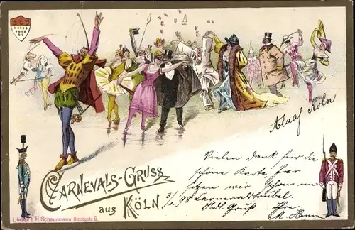 Litho Köln am Rhein, Carneval, Karneval, Kostümierte