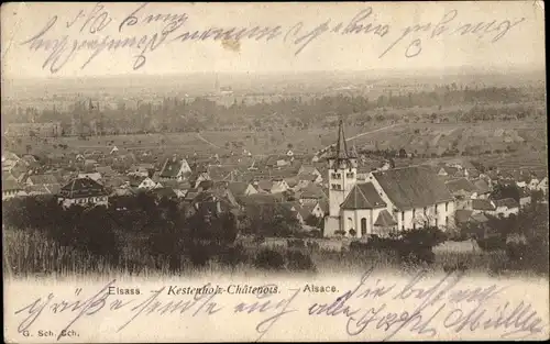 Ak Châtenois Kestenholz Elsass Bas Rhin, Totalansicht, Kirche