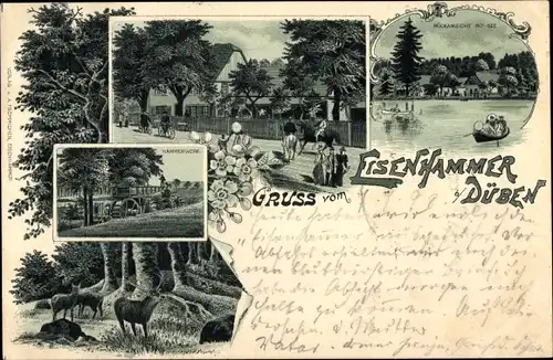 Litho Bad Düben an der Mulde Sachsen, Eisenhammer, Hammerwerk, See, Hirsche