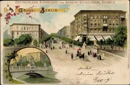 Litho Berlin, Herkulesbrücke, Straßenpartie, Albrechtshof, Reklame, Fahrräder A. Stukenbrok