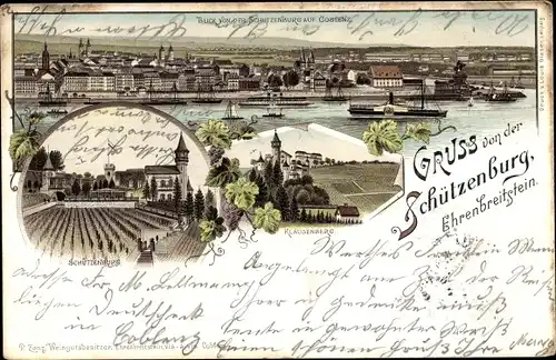 Litho Ehrenbreitstein Koblenz am Rhein, Schützenburg, Klausenberg, Blick auf den Ort