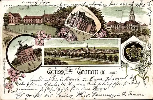 Litho Gronau an der Leine Niedersachsen, Markt, Totalansicht, Papierfabrik