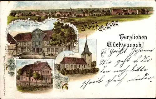Litho Groß Elbe in Niedersachsen, Schule, Kirche, Gasthaus Remmert, Totalansicht, Glückwunsch