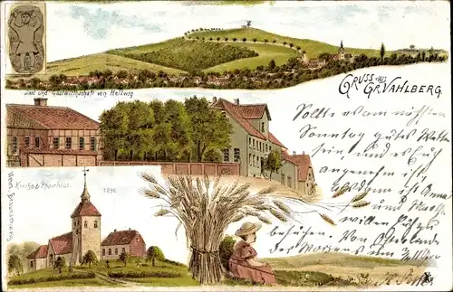 Litho Groß Vahlberg Vahlberg Niedersachsen, Kirche, Pfarrhaus, Gastwirtschaft, Ährenbündel
