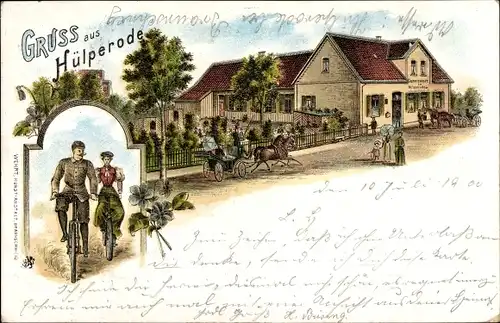 Litho Hülperode Rothemühle Schwülper in Niedersachsen, Gasthaus, Kutsche, Radfahrer
