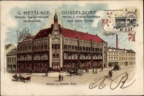 Litho Düsseldorf, Spezialgeschäft G. Hettlage, Ausstellungspavillon, Klosterstraße und Kreuzstrasse