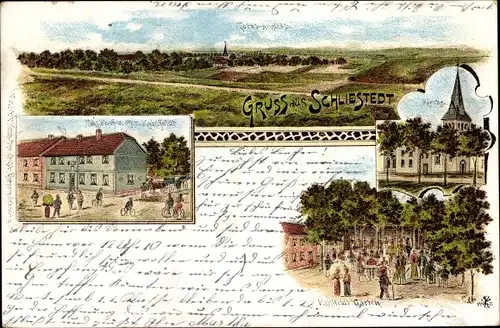 Litho Schliestedt Schöppenstedt in Niedersachsen, Totalansicht, Gasthof, Kirche