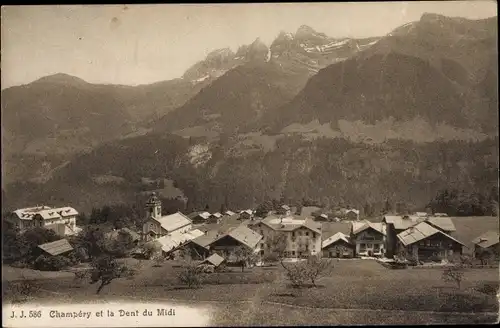 Ak Champéry Kanton Wallis, Ortsansicht mit Dent du Midi