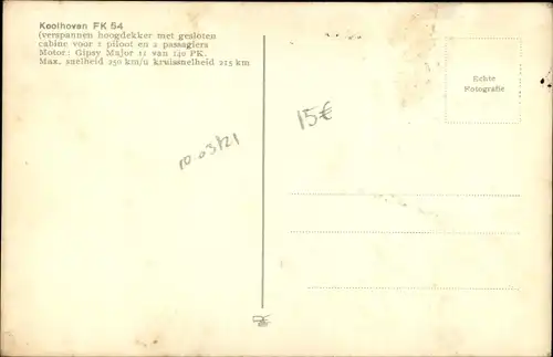Ak Niederländisches Passagierflugzeug, Koolhoven FK 54